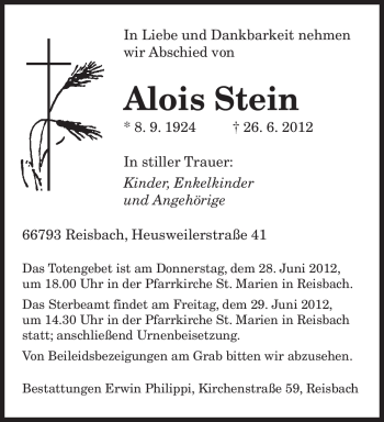 Todesanzeige von Alois Stein von SAARBRÜCKER ZEITUNG
