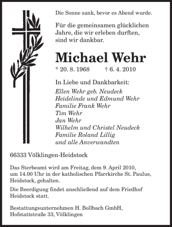 Todesanzeige von Michael Wehr von SAARBRÜCKER ZEITUNG