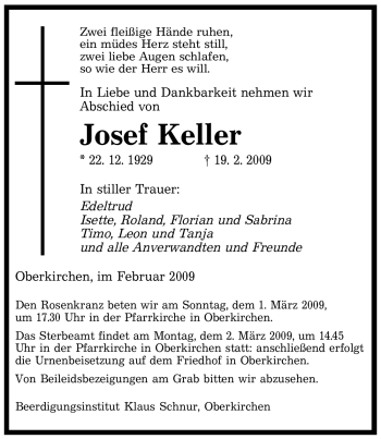 Todesanzeige von Josef Keller von SAARBRÜCKER ZEITUNG