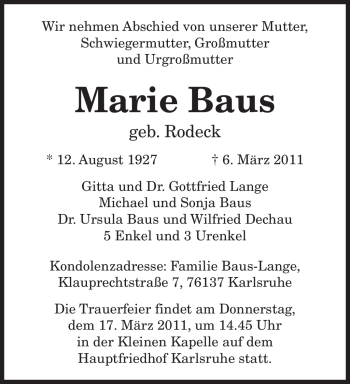 Todesanzeige von Marie Baus von SAARBRÜCKER ZEITUNG