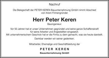 Todesanzeige von Peter Keren von SAARBRÜCKER ZEITUNG