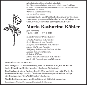 Todesanzeige von Maria Katharina Köhler von SAARBRÜCKER ZEITUNG