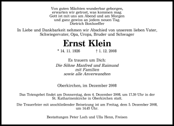 Todesanzeige von Ernst Klein von SAARBRÜCKER ZEITUNG