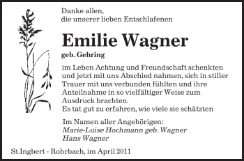 Todesanzeige von Emilie Wagner von SAARBRÜCKER ZEITUNG