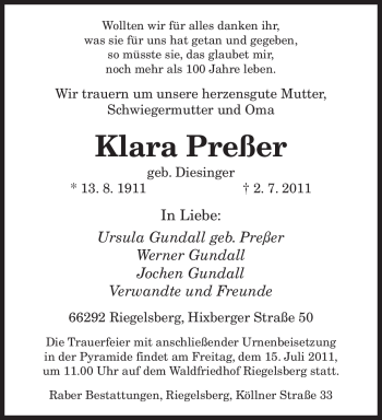 Todesanzeige von Klara Preßer von SAARBRÜCKER ZEITUNG