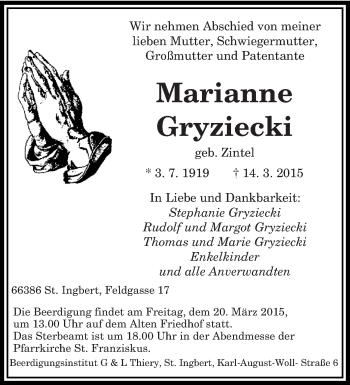 Todesanzeige von Stephanie Gryziecki von saarbruecker_zeitung