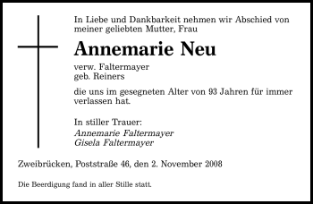 Todesanzeige von Annemarie Neu von SAARBRÜCKER ZEITUNG