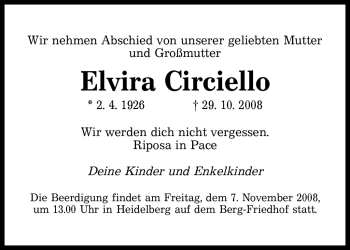 Todesanzeige von Elvira Circiello von SAARBRÜCKER ZEITUNG