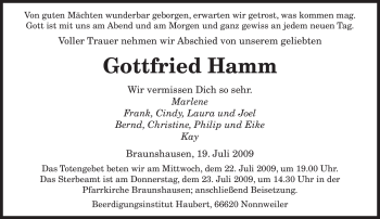 Todesanzeige von Gottfried Hamm von SAARBRÜCKER ZEITUNG