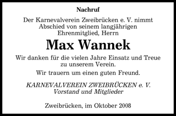 Todesanzeige von Max Wannek von SAARBRÜCKER ZEITUNG