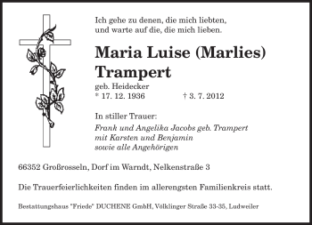 Todesanzeige von Maria Luise Trampert von SAARBRÜCKER ZEITUNG