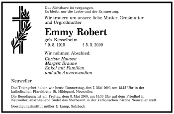Todesanzeige von Emmy Robert von SAARBRÜCKER ZEITUNG