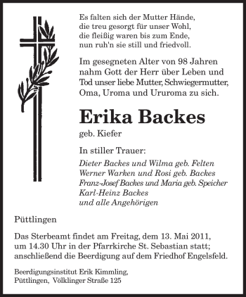 Todesanzeige von Erika Backes von SAARBRÜCKER ZEITUNG