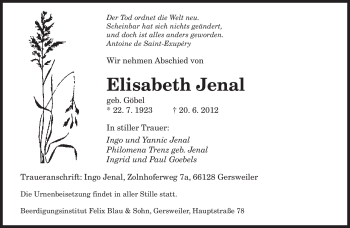 Todesanzeige von Elisabeth Jenal von SAARBRÜCKER ZEITUNG