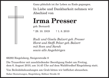 Todesanzeige von Irma Presser von SAARBRÜCKER ZEITUNG