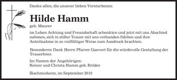 Todesanzeige von Hilde Hamm von SAARBRÜCKER ZEITUNG