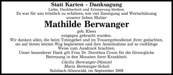 Todesanzeige von Mathilde Berwanger von SAARBRÜCKER ZEITUNG