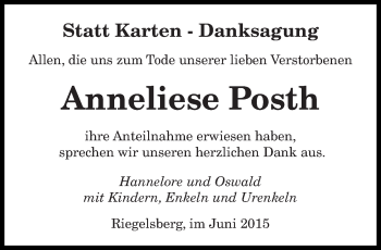 Todesanzeige von Anneliese Posth von saarbruecker_zeitung
