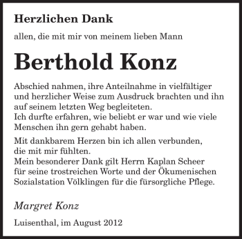 Todesanzeige von Berthold Konz von SAARBRÜCKER ZEITUNG