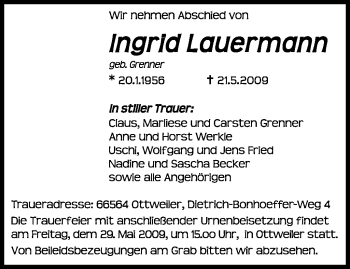 Todesanzeige von Ingrid Lauermann von SAARBRÜCKER ZEITUNG