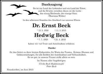 Todesanzeige von Ernst und Hedwig Beck von saarbruecker_zeitung