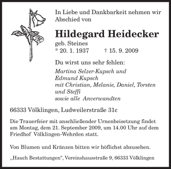 Todesanzeige von Hildegard Heidecker von SAARBRÜCKER ZEITUNG