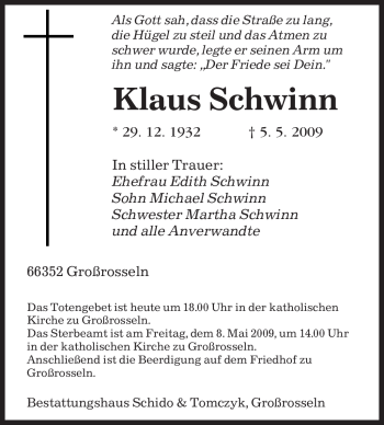 Todesanzeige von Klaus Schwinn von SAARBRÜCKER ZEITUNG