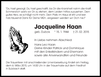 Todesanzeige von Jacqueline Haan von saarbruecker_zeitung