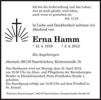 Todesanzeige von Erna Hamm von SAARBRÜCKER ZEITUNG