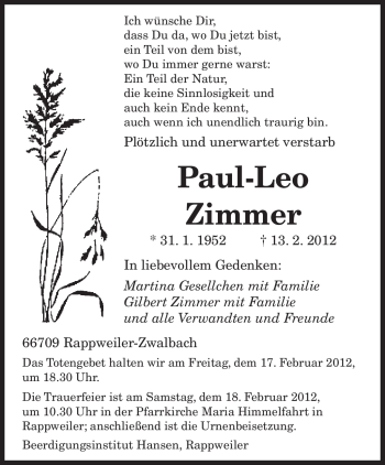 Todesanzeige von Paul-Leo Zimmer von SAARBRÜCKER ZEITUNG