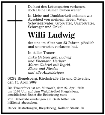Todesanzeige von Willi Ludwig von SAARBRÜCKER ZEITUNG