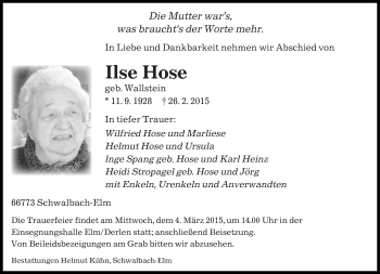 Todesanzeige von Ilse Hose von saarbruecker_zeitung