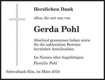 Todesanzeige von Gerda Pohl von SAARBRÜCKER ZEITUNG