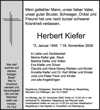Todesanzeige von Herbert Kiefer von SAARBRÜCKER ZEITUNG