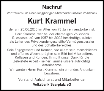 Todesanzeige von Kurt krammel von saarbruecker_zeitung