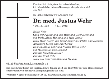 Todesanzeige von Justus Wehr von SAARBRÜCKER ZEITUNG