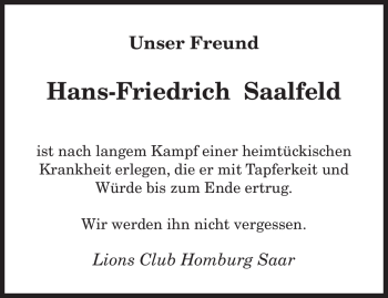 Todesanzeige von Hans-Friedrich Saalfeld von SAARBRÜCKER ZEITUNG