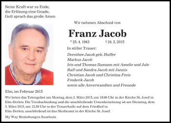 Todesanzeige von Franz Jacob von saarbruecker_zeitung