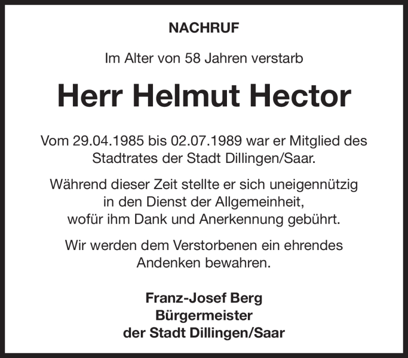 Traueranzeige für Helmut Hector vom 26.05.2012 aus SAARBRÜCKER ZEITUNG