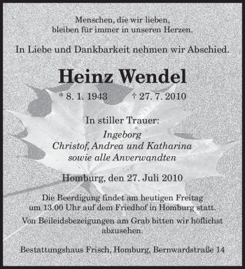 Todesanzeige von Heinz Wendel von SAARBRÜCKER ZEITUNG