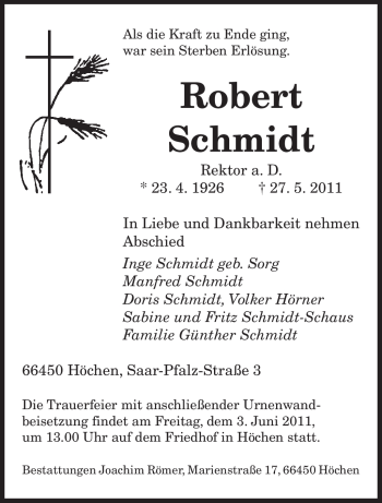 Todesanzeige von Robert Schmidt von SAARBRÜCKER ZEITUNG