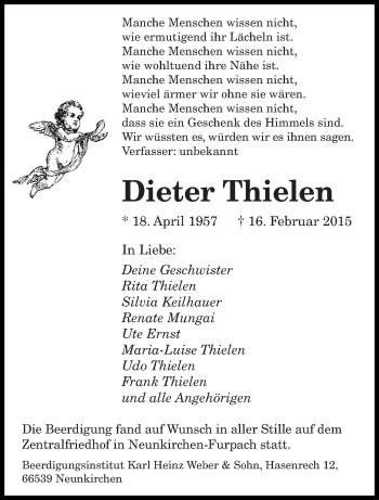 Todesanzeige von Dieter Thielen von saarbruecker_zeitung