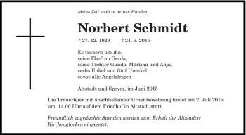 Todesanzeige von Norbert Schmidt von saarbruecker_zeitung
