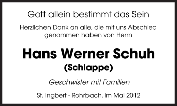 Todesanzeige von Hans Werner Schuh von SAARBRÜCKER ZEITUNG