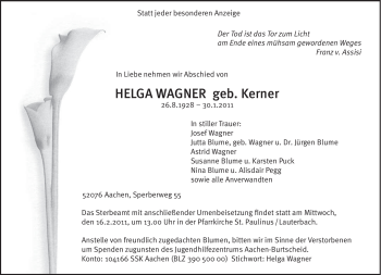 Todesanzeige von Helga Wagner von SAARBRÜCKER ZEITUNG