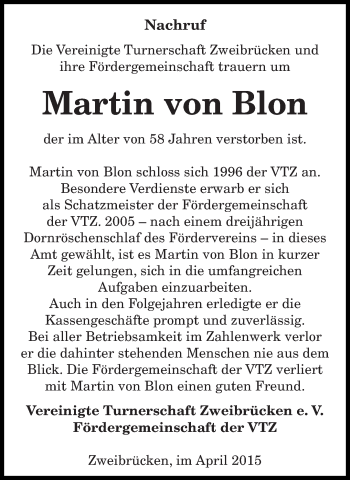 Todesanzeige von Martin von Blon von saarbruecker_zeitung