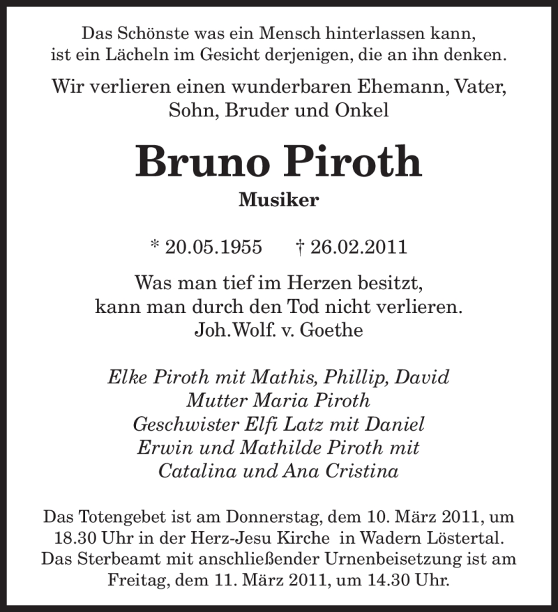  Traueranzeige für Bruno Piroth vom 05.03.2011 aus SAARBRÜCKER ZEITUNG