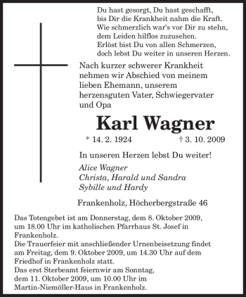Todesanzeige von Karl Wagner von SAARBRÜCKER ZEITUNG