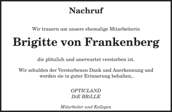 Todesanzeige von Brigitte Frankenberg von SAARBRÜCKER ZEITUNG