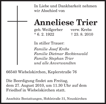 Todesanzeige von Anneliese Trier von SAARBRÜCKER ZEITUNG